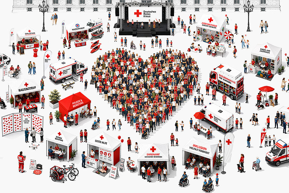 DRK-Aktionstag 2026 auf dem Hamburger Rathausmarkt Illustration des DRK-Aktionstags auf dem Hamburger Rathausmarkt mit zahlreichen Informationsständen, Einsatzfahrzeugen, Mitmachaktionen und einem großen Herz aus Menschen.
