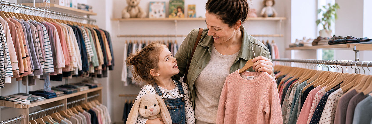 Mutter und Tochter wählen gemeinsam Kinderkleidung in einem hellen Kindersecondhandshop aus. Das Mädchen hält einen Stoffhasen, die Mutter einen rosafarbenen Pullover auf einem Kleiderbügel.