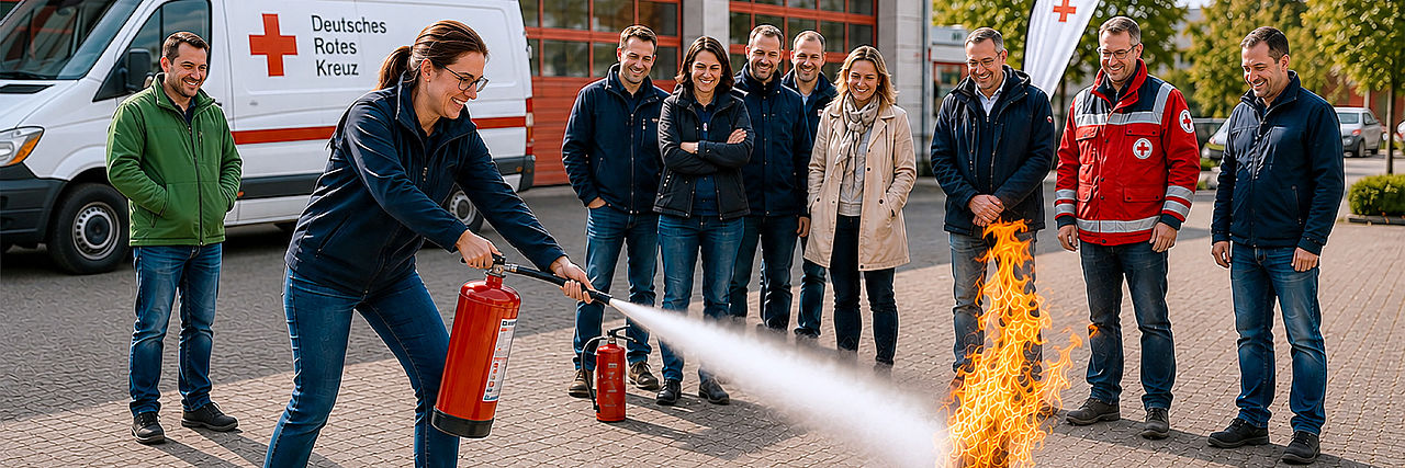 Teilnehmende einer Brandschutz-Fortbildung des DRK üben den sicheren Umgang mit einem Feuerlöscher an einer Trainingsfeuerstelle.