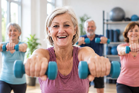 Teilnehmende beim aktiven Ganzkörpertraining mit Hanteln